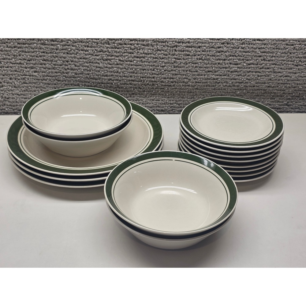 Gibson Housewares China 15pc Dinnerware Set Cream Forest Green Banded Rim